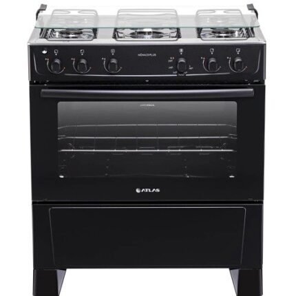 Fogão Atlas Mônaco 5 Bocas Preto, Forno Limpa Fácil, Tampa De Vidro, Mesa De Inox Bivolt
